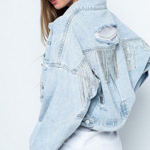Denim Rhinestone Fringe Jacket